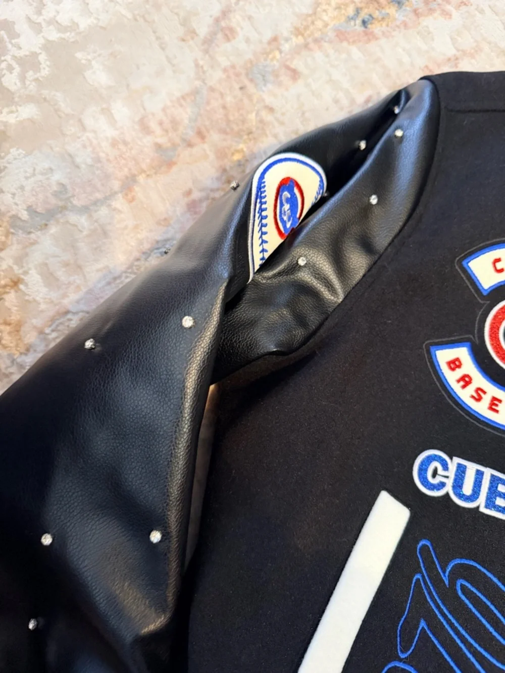 Chicago Cubs Black Varsity Jacket with Patches Anthropologie mlb - Picture 2 of 6